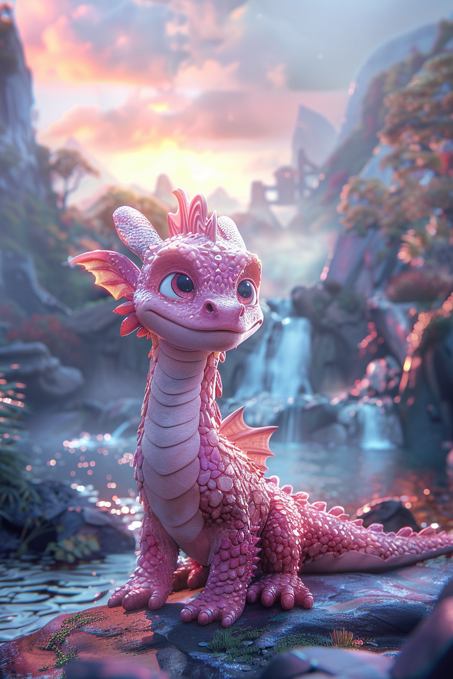 A pink dragon playing by the river.