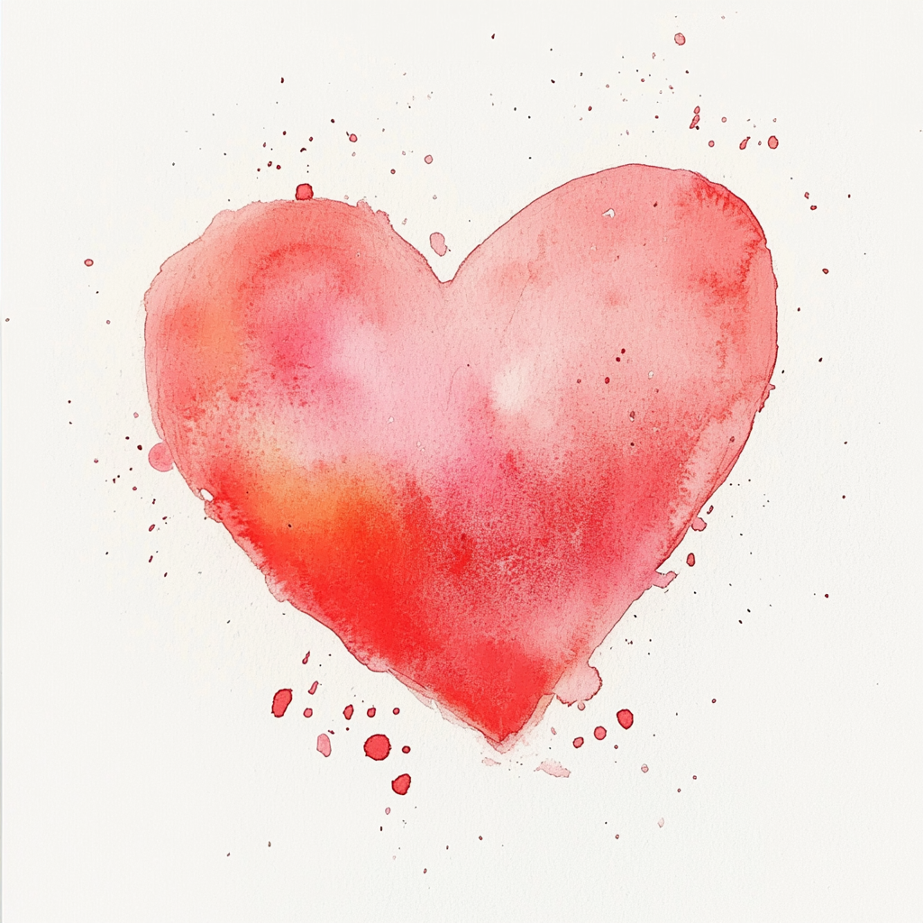 A pink heart painted with watercolors on white background.