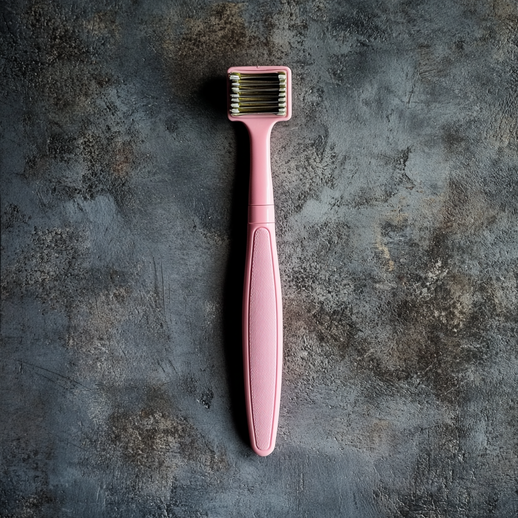 A pink razor on grey background with soft lighting.