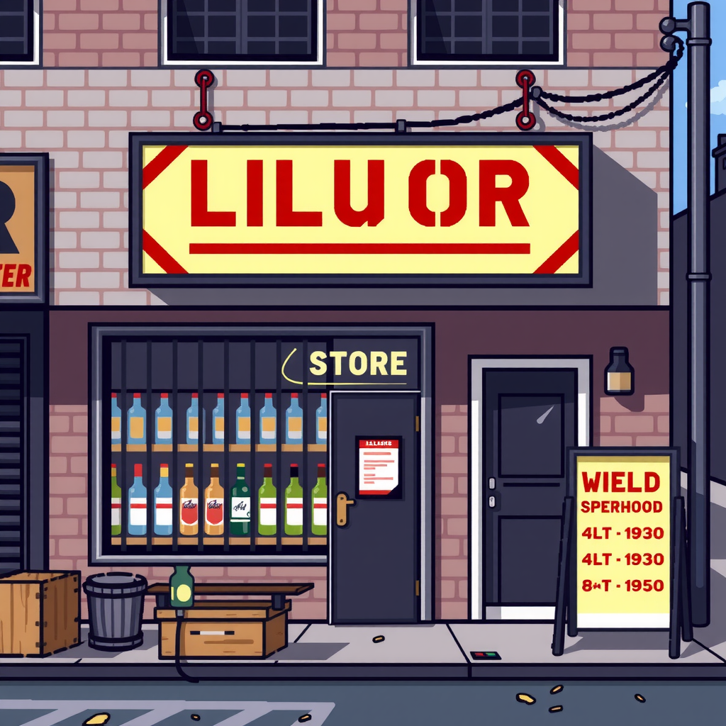 A pixel art liquor store with barred windows.