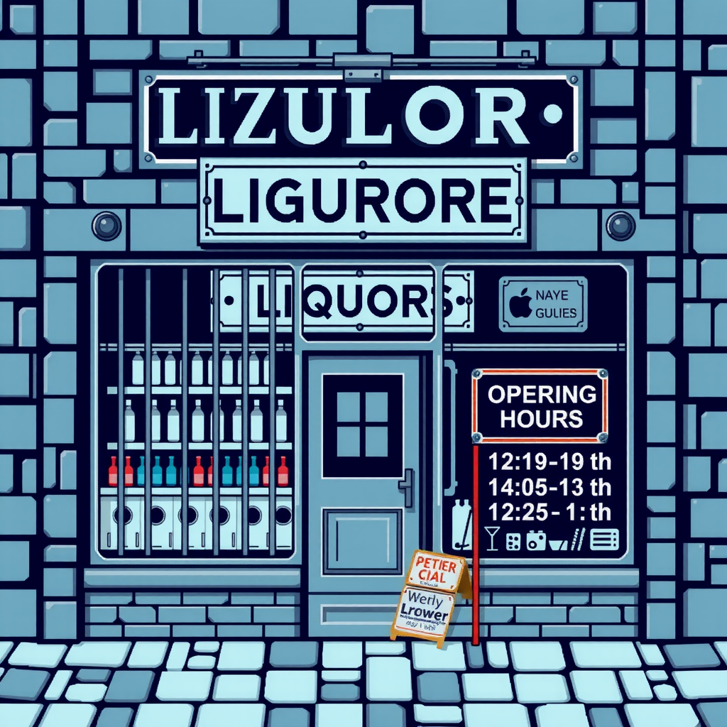 A pixel art liquor store with bars.