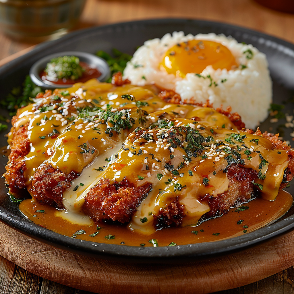 A plate of Japanese pork katsu with curry, cheese, and rice