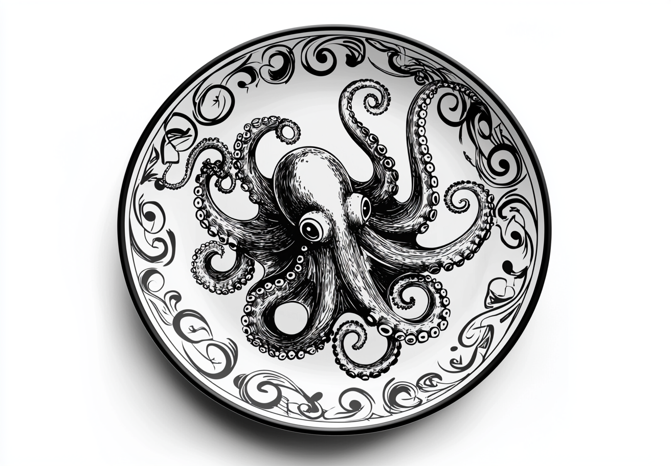 A plate with octopus and onions in mosaic style