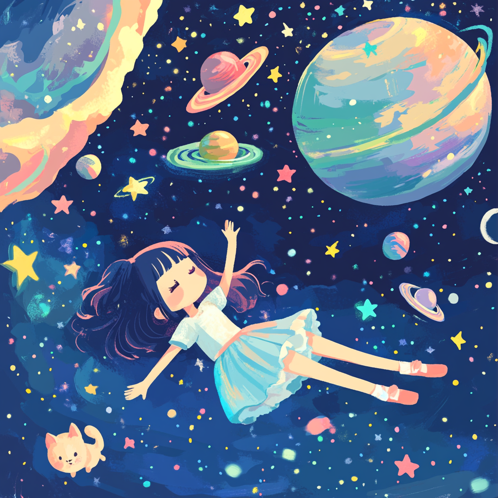 A playful cartoon anime girl and cat in space.