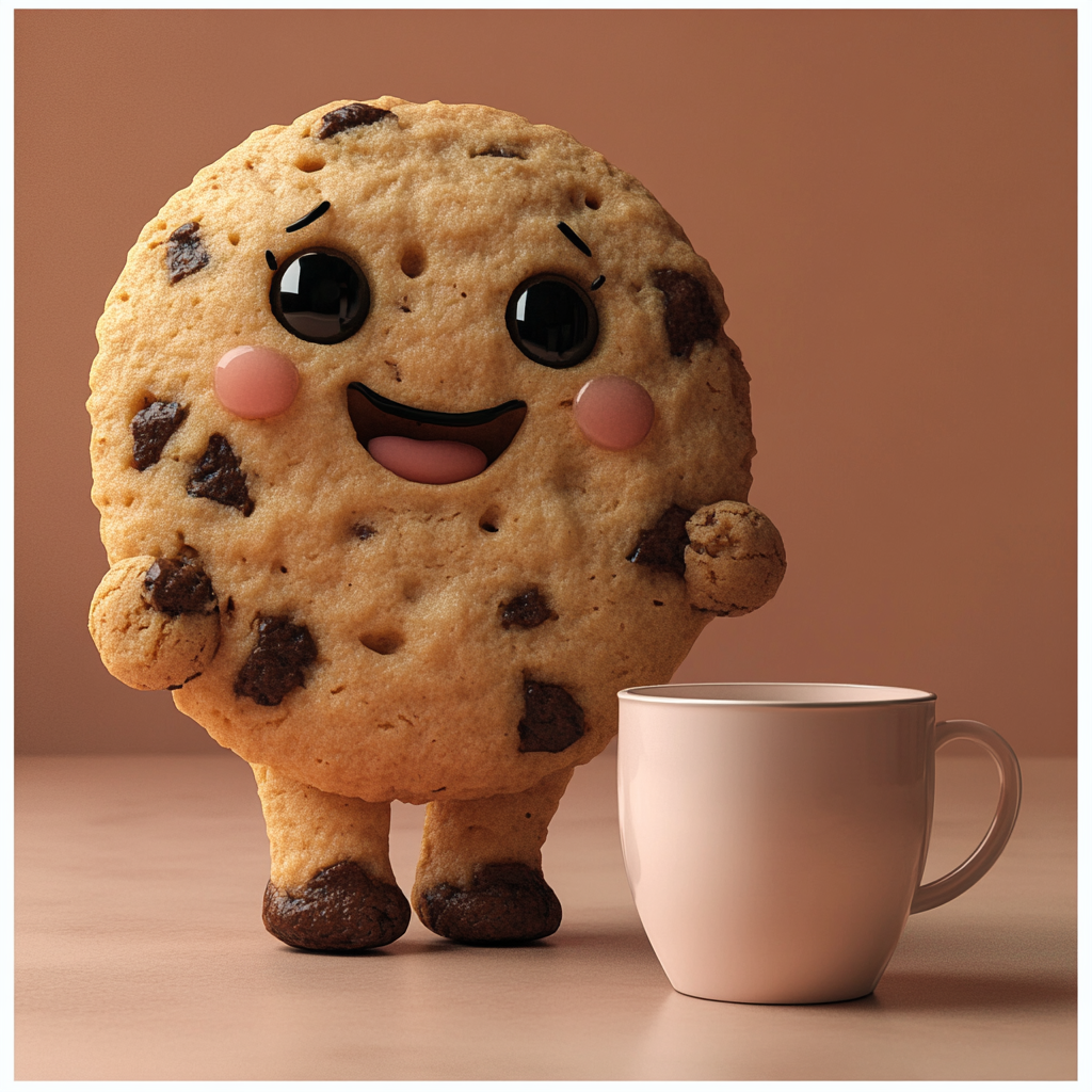 A playful cookie character holding coffee with charm.