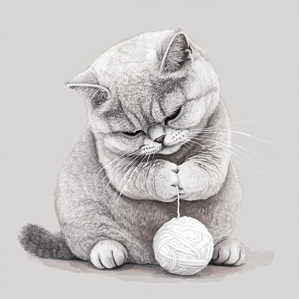 A playful fat gray British cat with a ball.