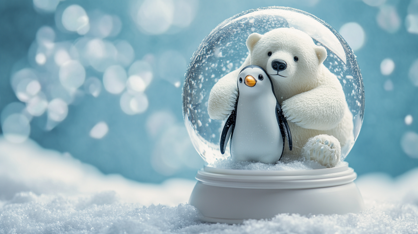 A polar bear hugs a penguin in snow globe.