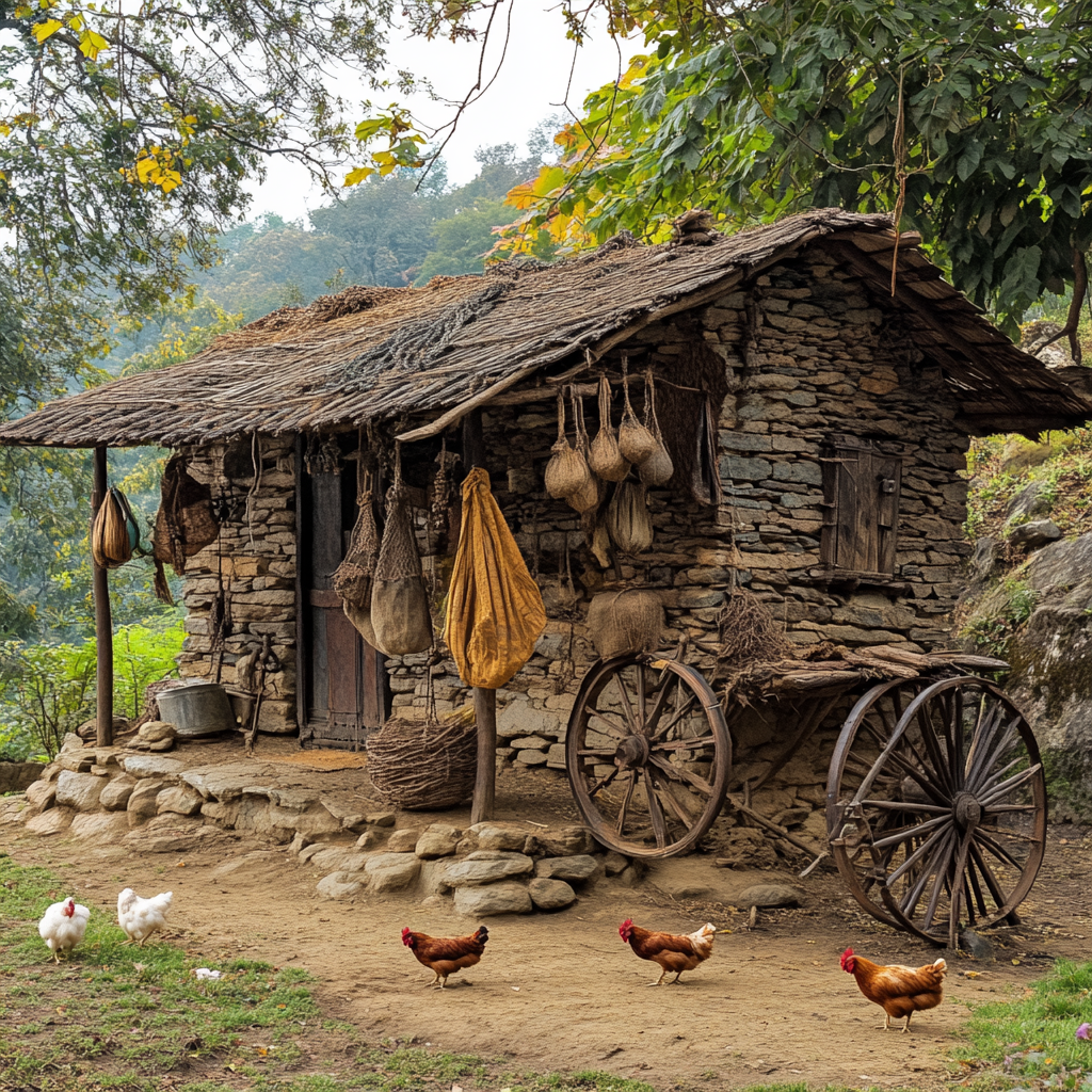 A poor man's hut in 1940s Indian village