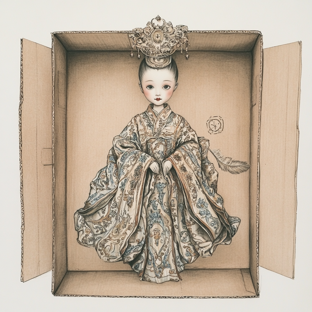 A porcelain doll in ornate robe inside box.