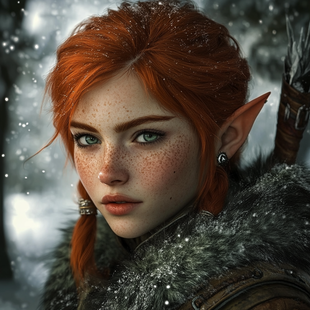 A portrait of a red-haired half-elf hunter.