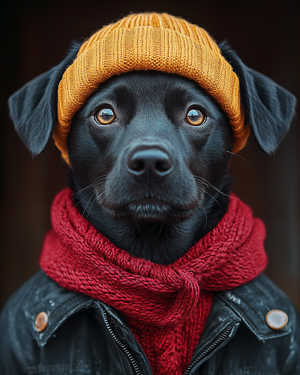 A portrait of a stylish dog in urban fashion.