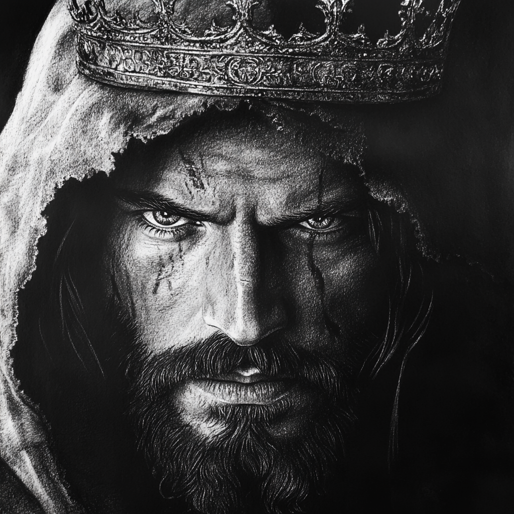 A portrait of warrior Jesus with a crown