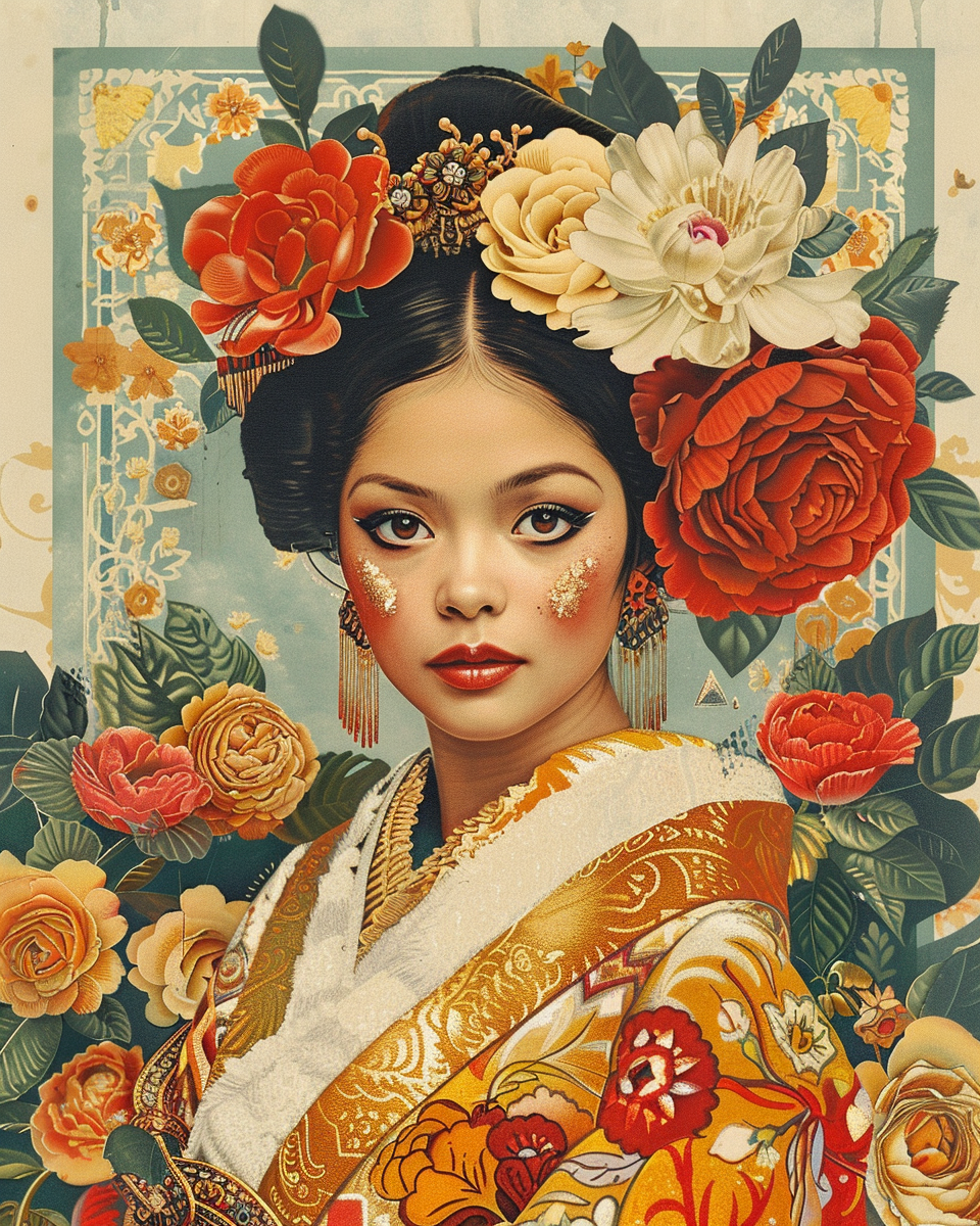 A poster of geisha and Mexican dancer fusion