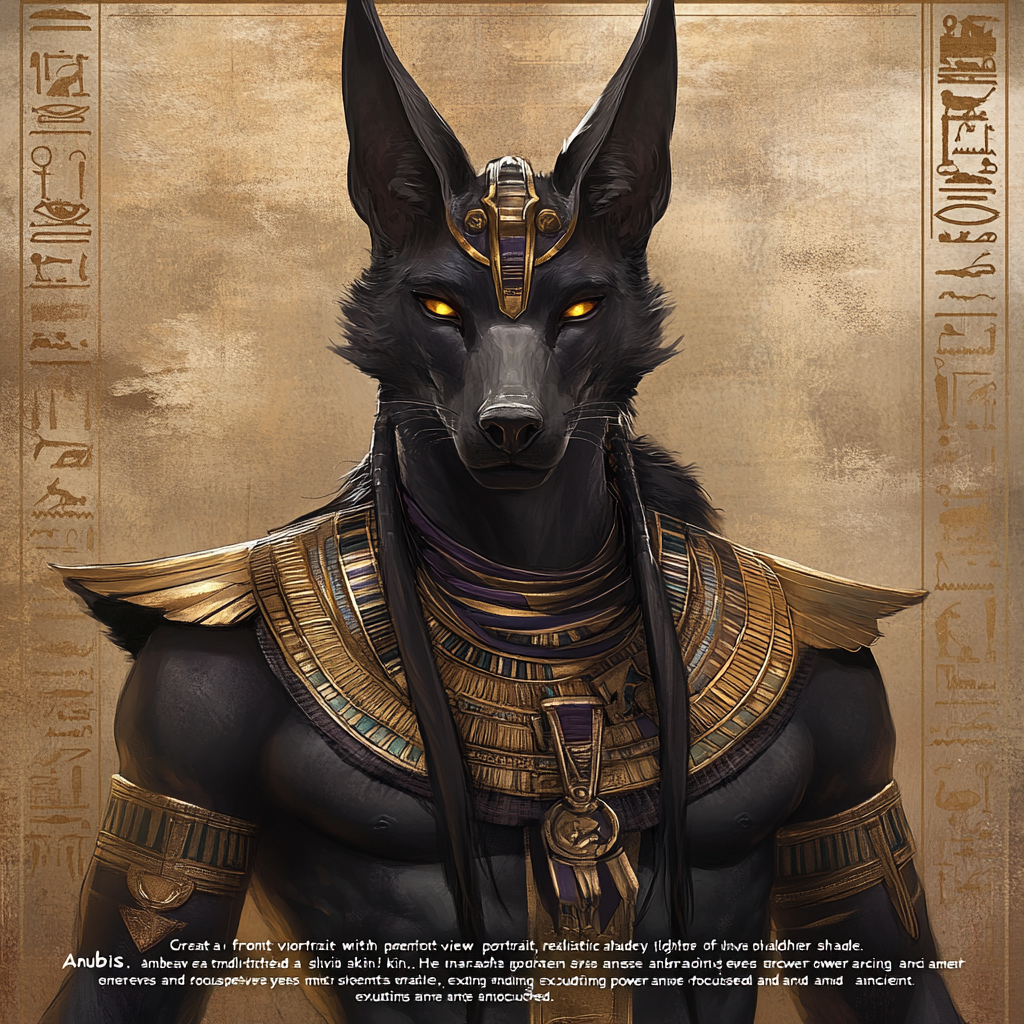 A powerful Anubis stands in ancient desert.