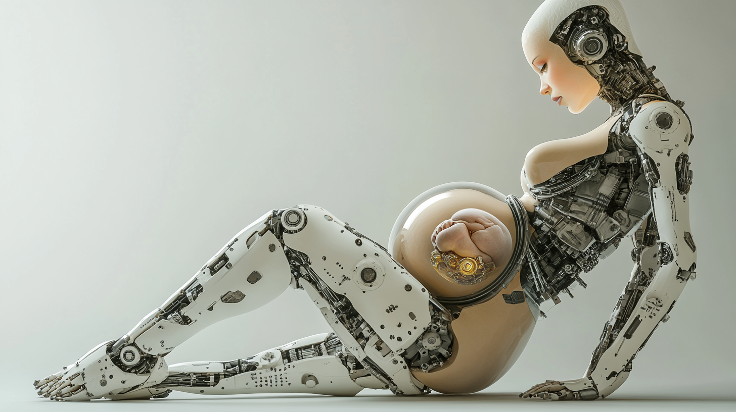 A pregnant android woman with mechanical legs portrait