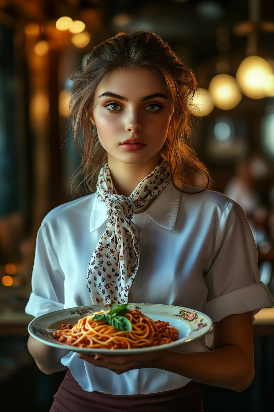 A pretty Italian waitress serving spaghetti bolognese.