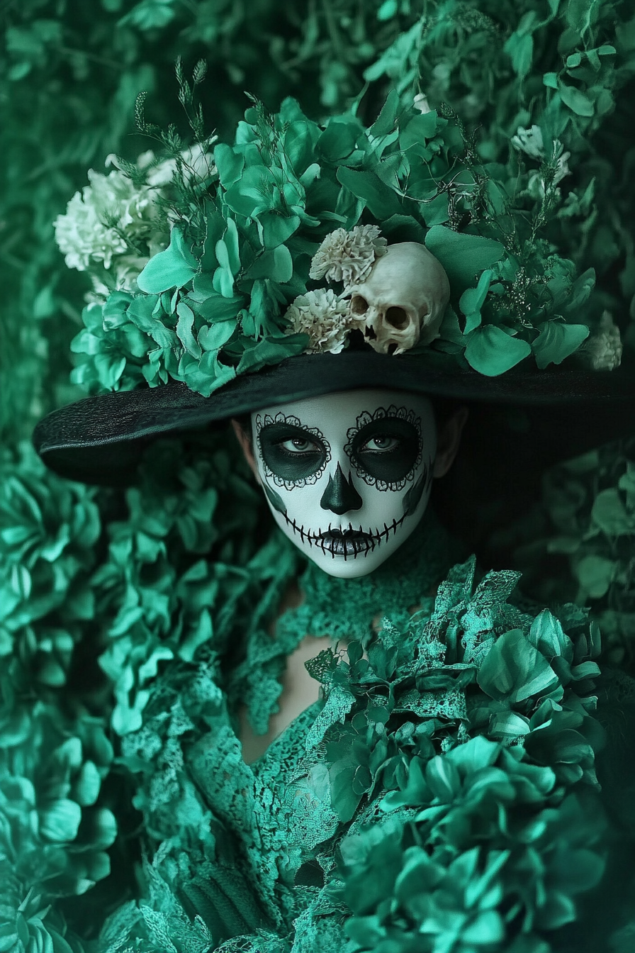 A pretty young girl in green Catrina costume