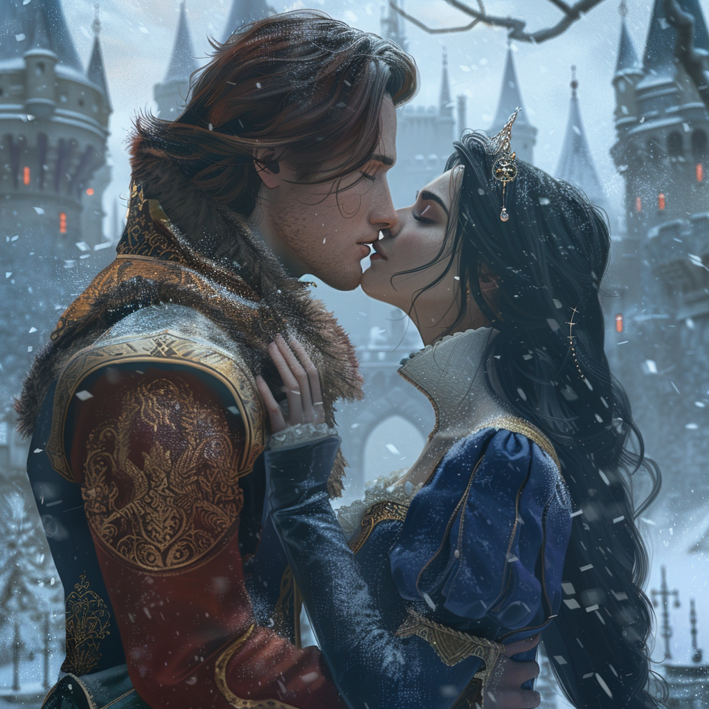 A prince and princess share a kiss