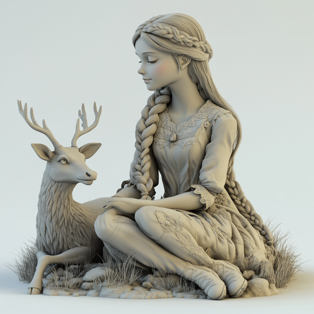 A princess braiding her hair, watching a deer