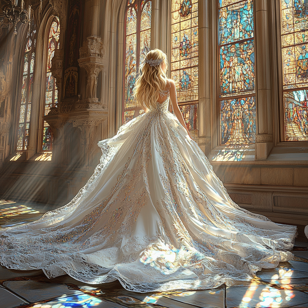 A princess in a white gown stands in a castle hall.