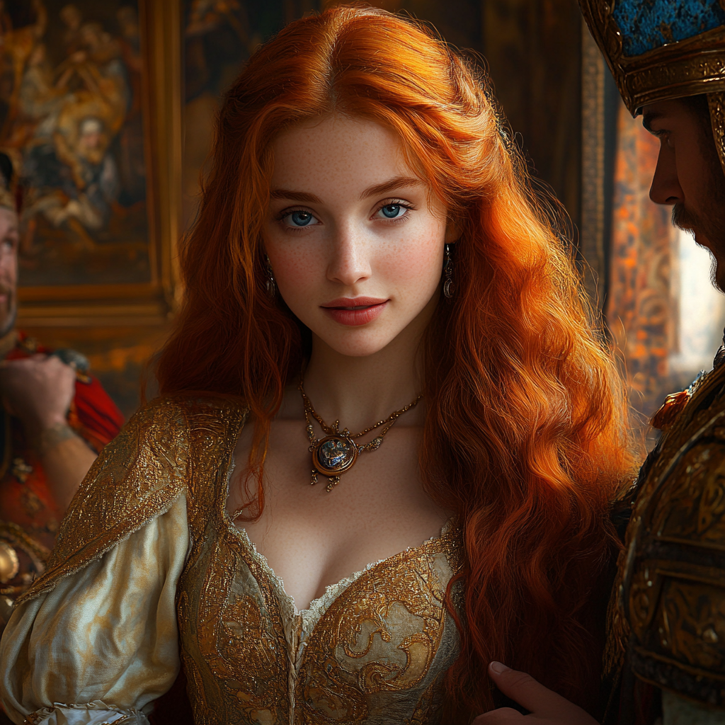 A princess with red hair in regal palace