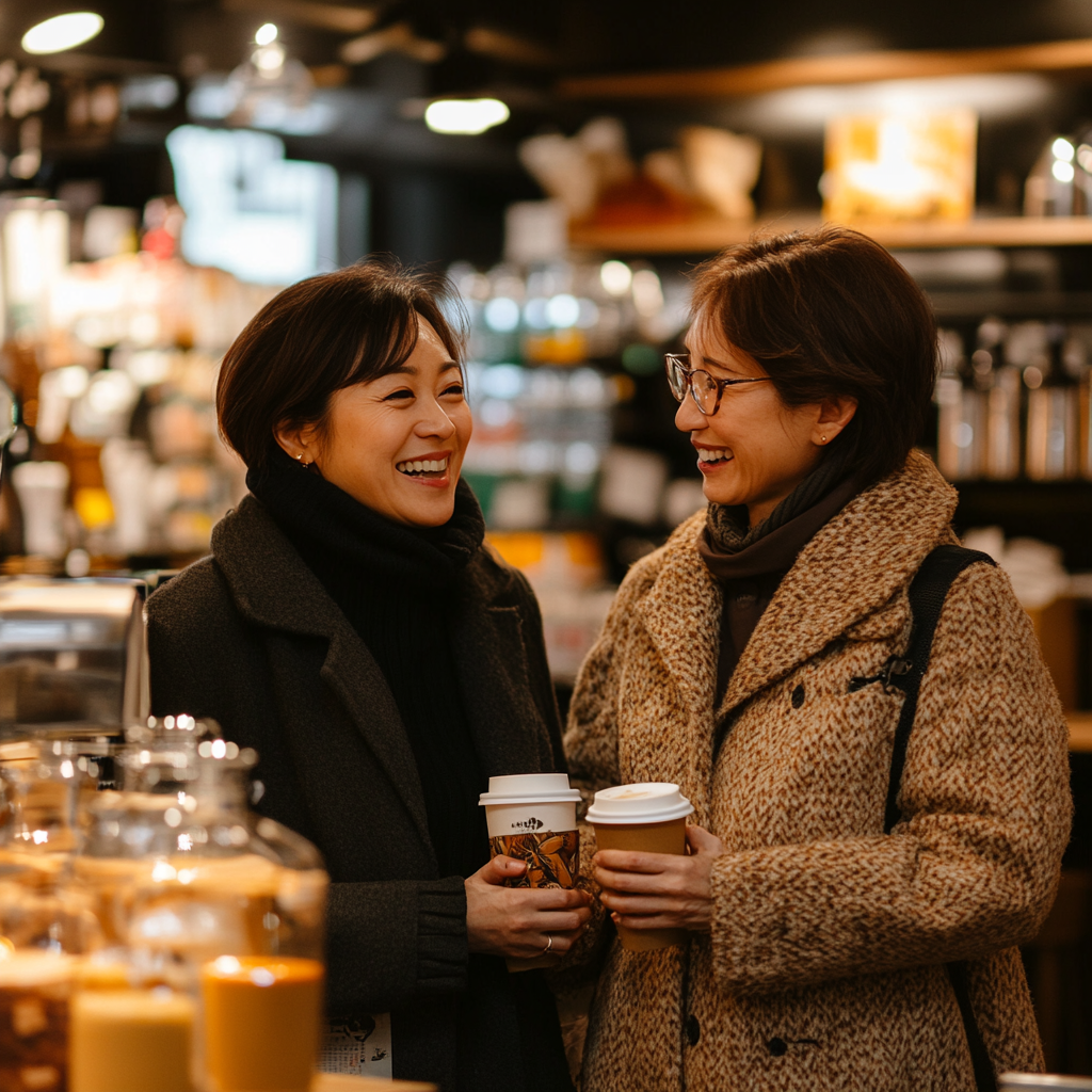 A professional Asian woman and senior partner in a coffee shop