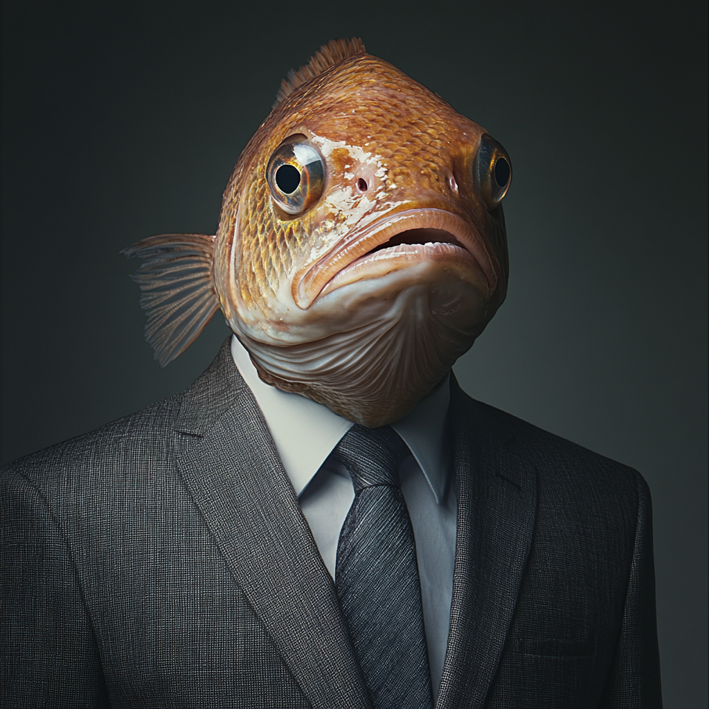 A professional headshot with a fish head for realism.