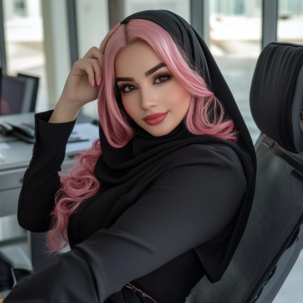 A professional woman taking selfie in office chair.