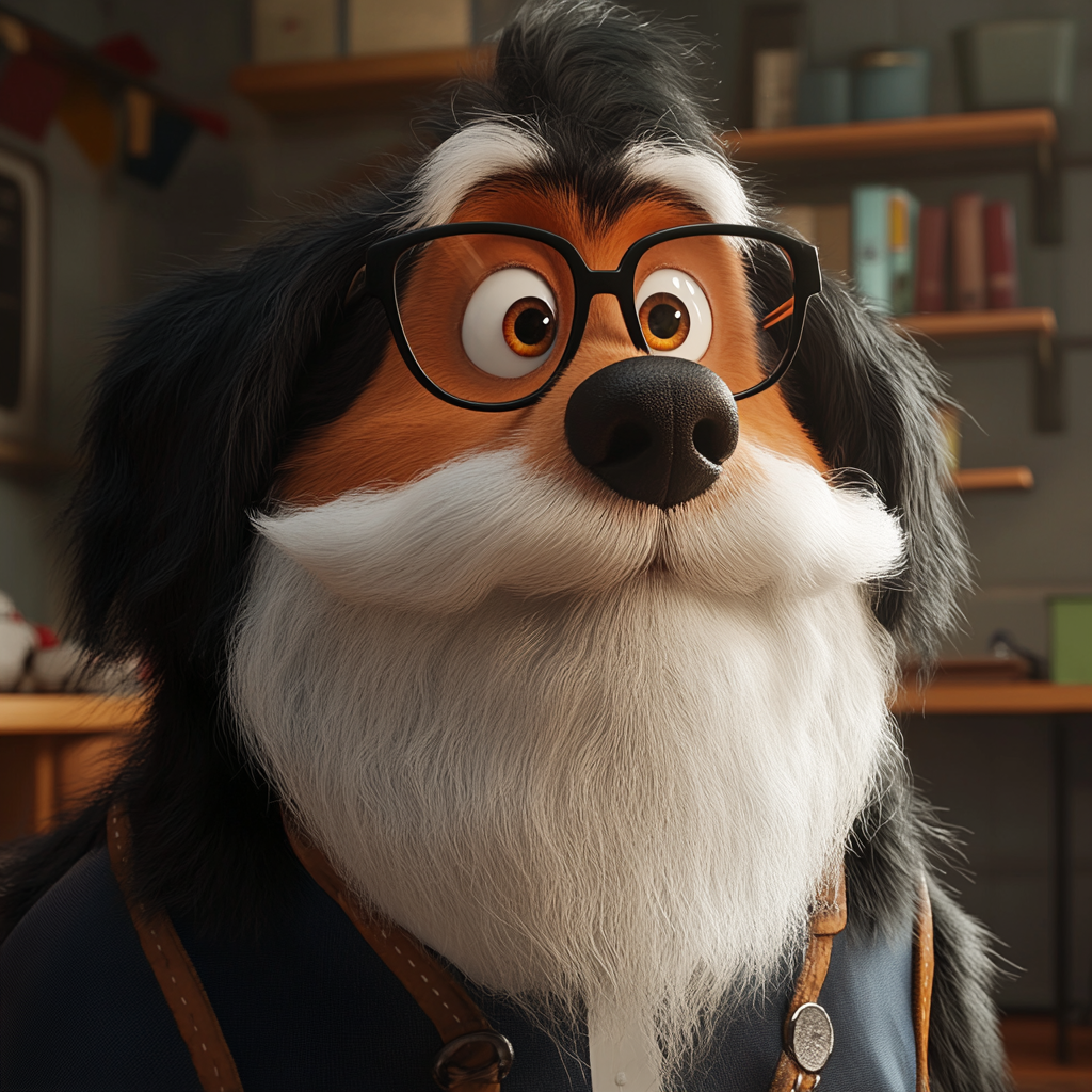 A professor Bernese Mountain Dog with 3D glasses.