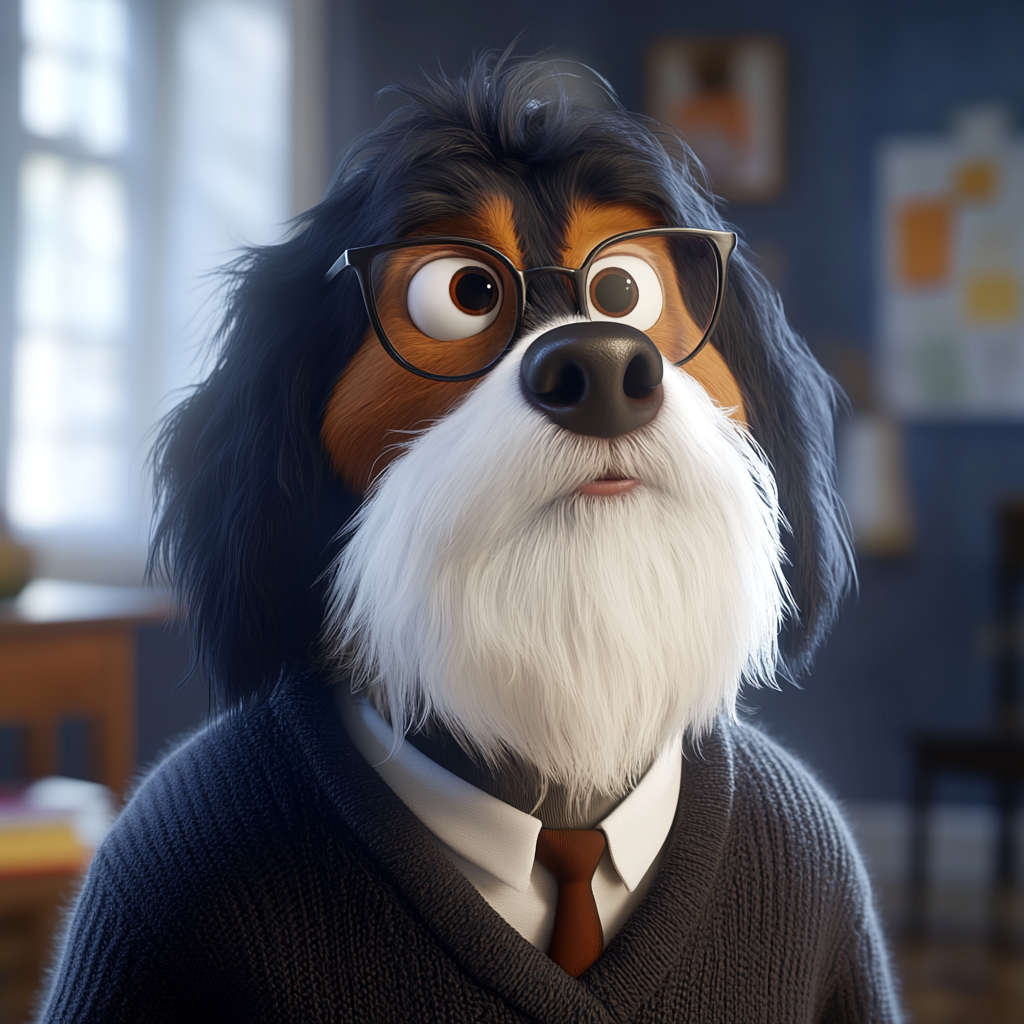 A professor Bernese Mountain Dog with puppy eyes.