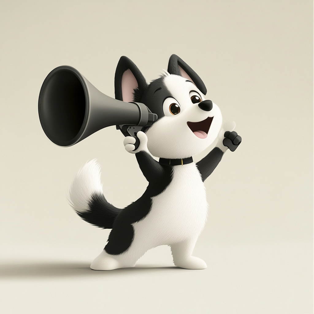 A proud cartoon dog motivates with megaphone.