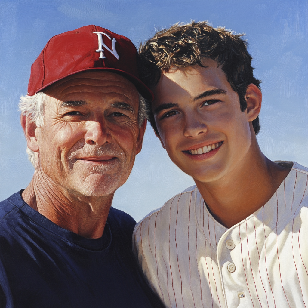 A proud older father and son in portrait, happy.