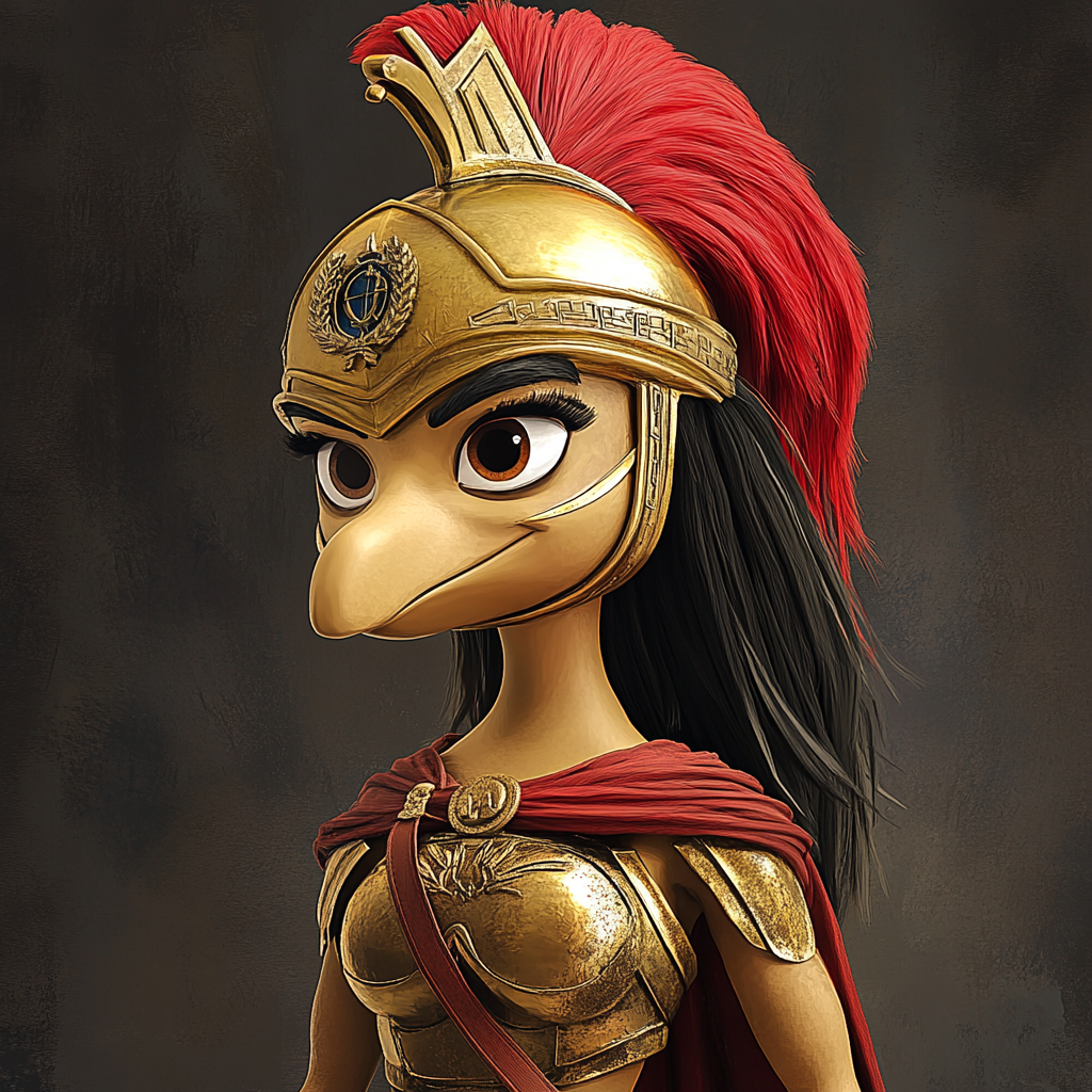 A puppet of Lady Sparta in Spartan armor.