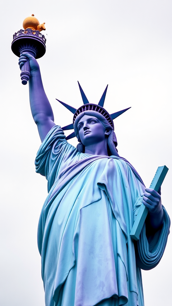 A purple Statue of Liberty by the sea.