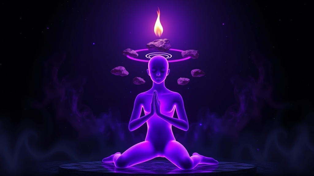 A purple being prays as stones swirl around.