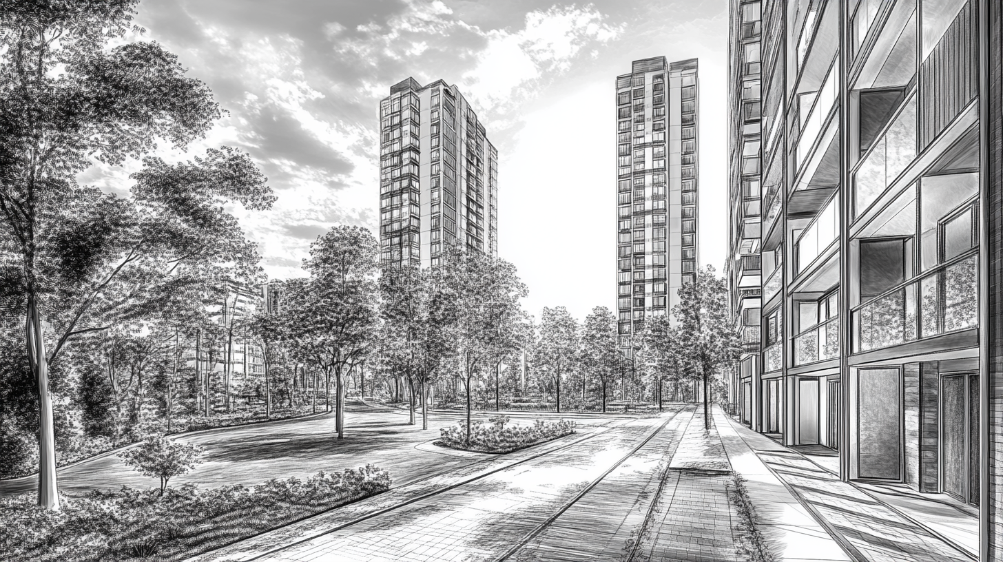 A quiet neighborhood block with apartments and park