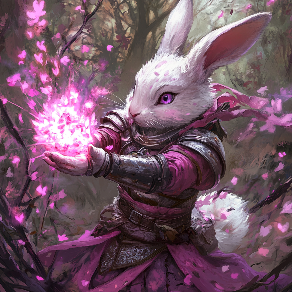 A rabbit girl casting pink blossom magic surrounded by brambles.