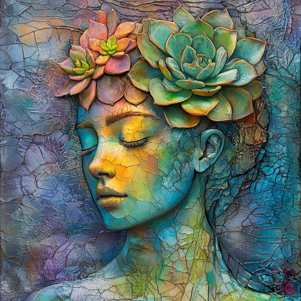 A radiant woman with succulent garden head reflection