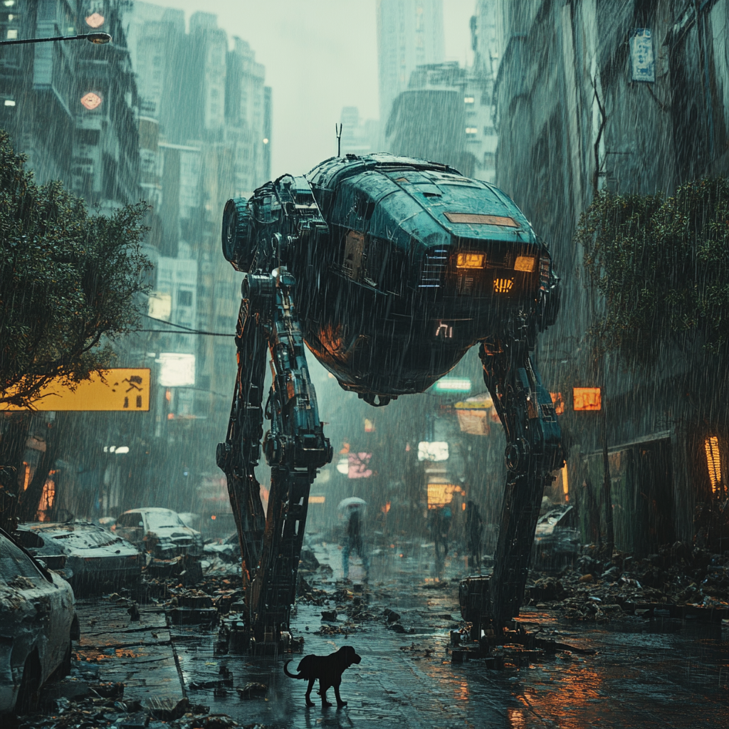 A rainy cyberpunk city after a war, drone surveillance.