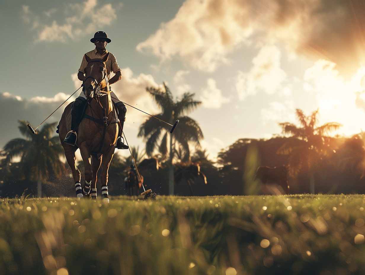 A realistic, detailed, vibrant polo club advertisement.