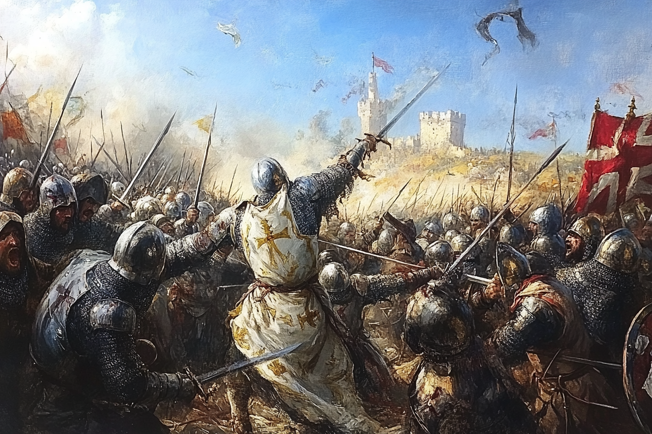 A realistic 19th century painting of a medieval battle.