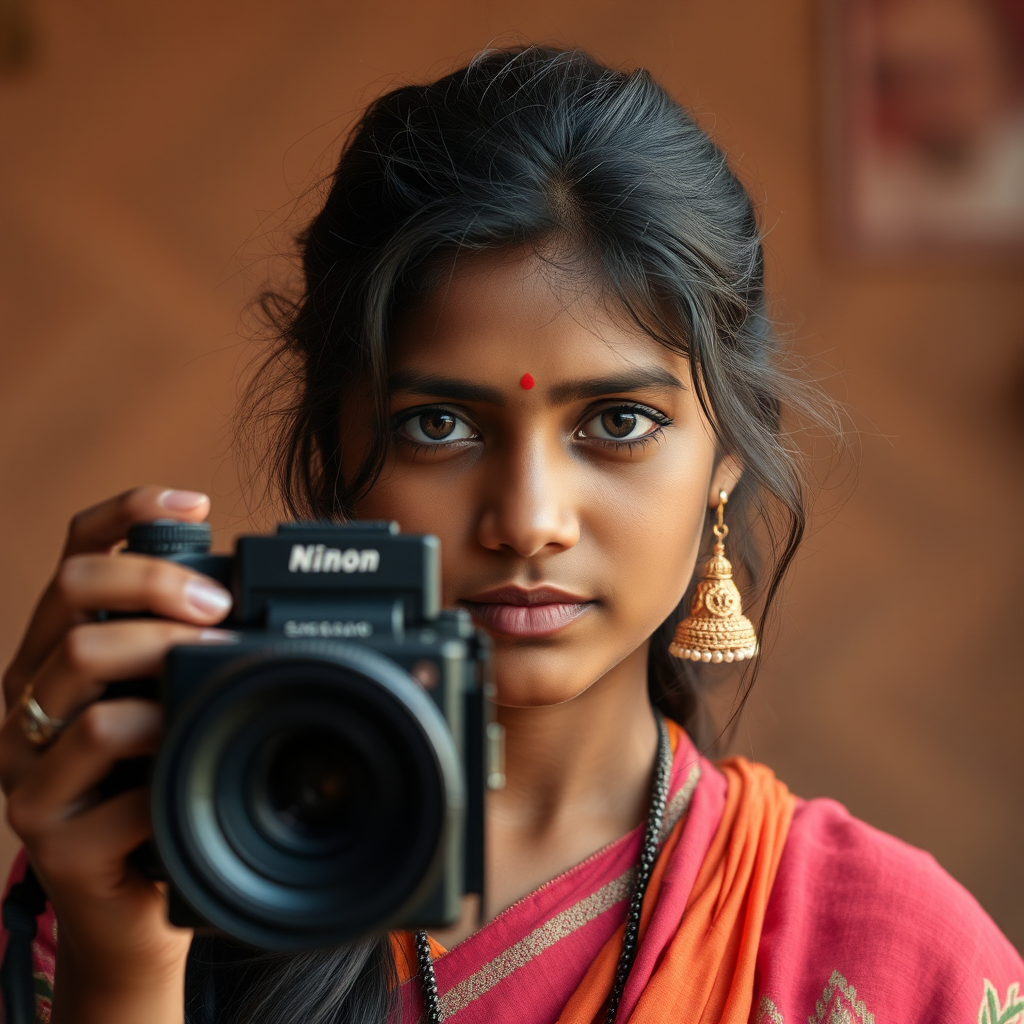 A realistic Indian girl looking at the camera.