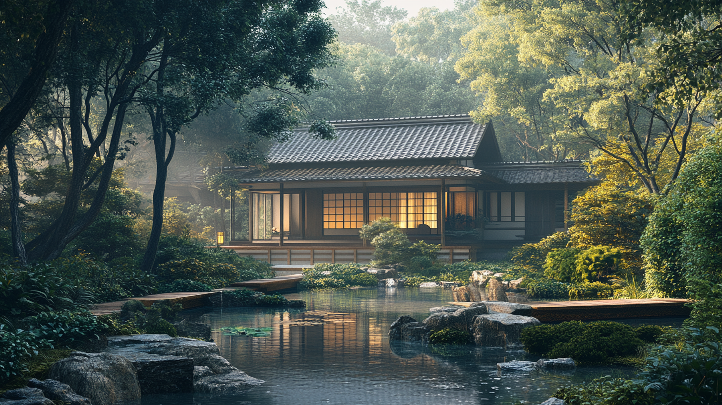 A realistic Japanese house with engawa, nature scene.