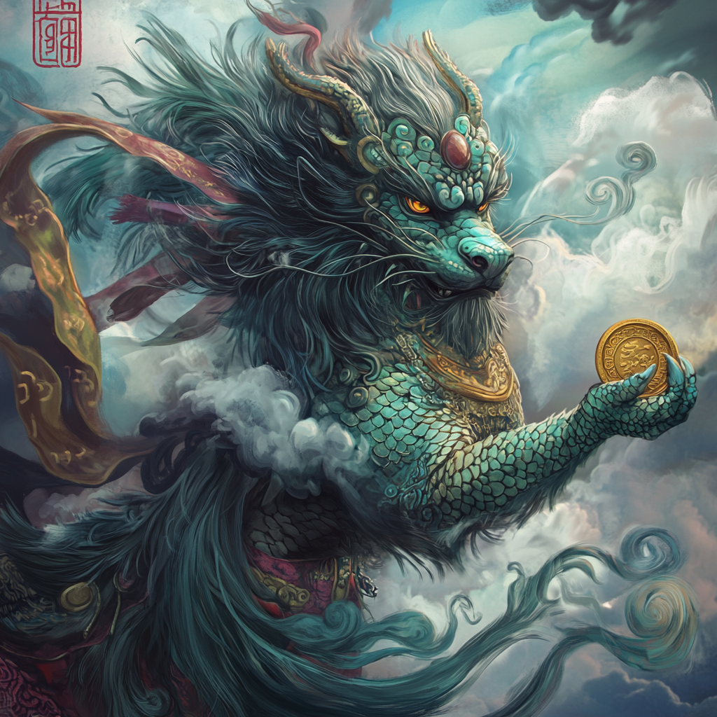 A realistic Pi Xiu holding gold coin.