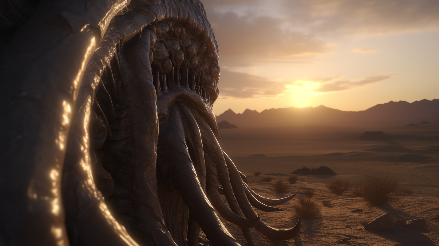 A realistic alien tentacle in a desert sunset.