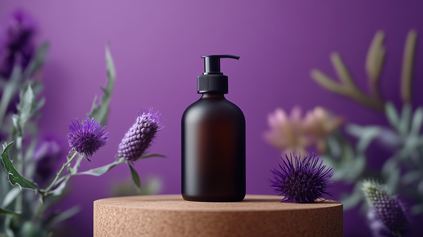 A realistic brown bottle with milk thistle flowers