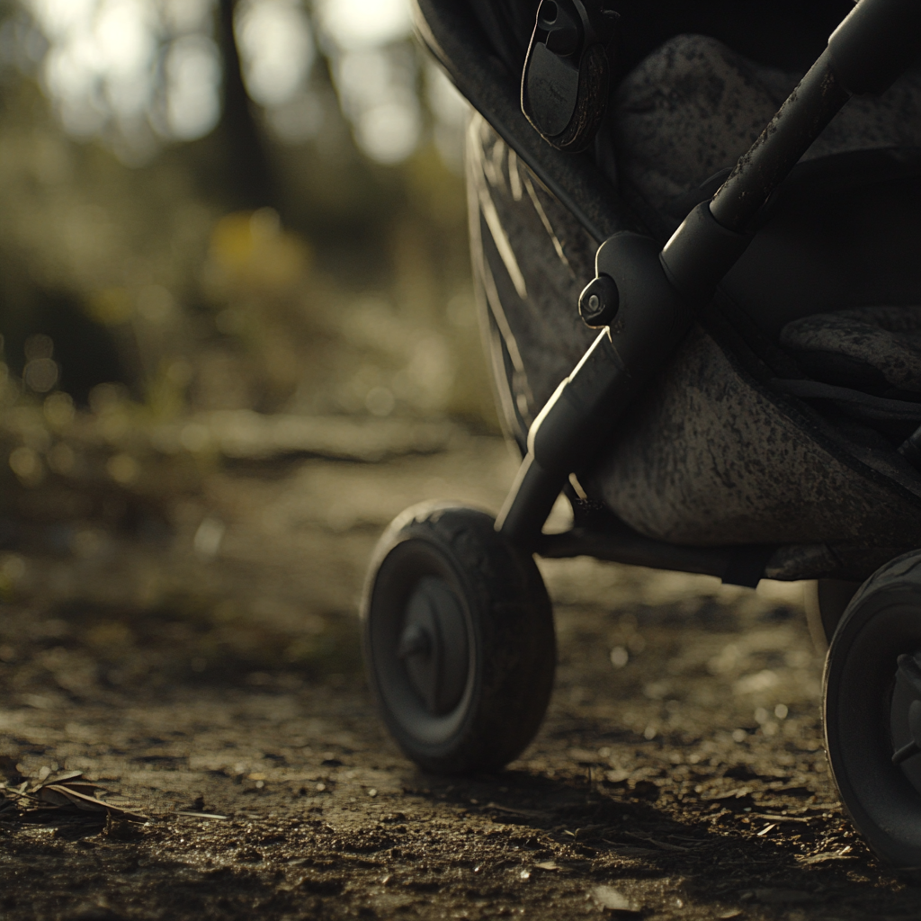 A realistic close-up shot of a baby stroller.