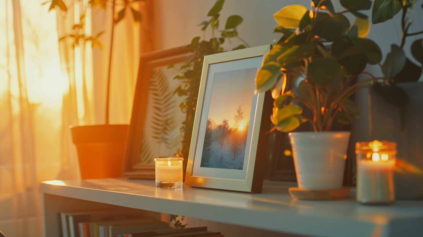 A realistic closeup of a photo frame on altar.