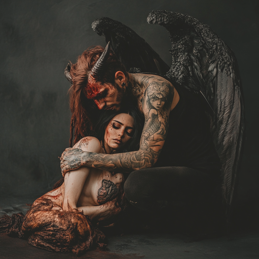 A realistic demon comforting a dying angel