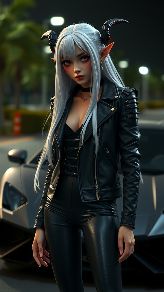 A realistic elf girl near a Lamborghini car.